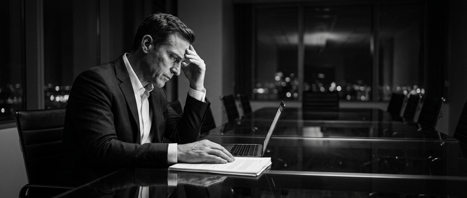 Executivo B2B revisando proposta à noite — a credibilidade decide antes da reunião começar